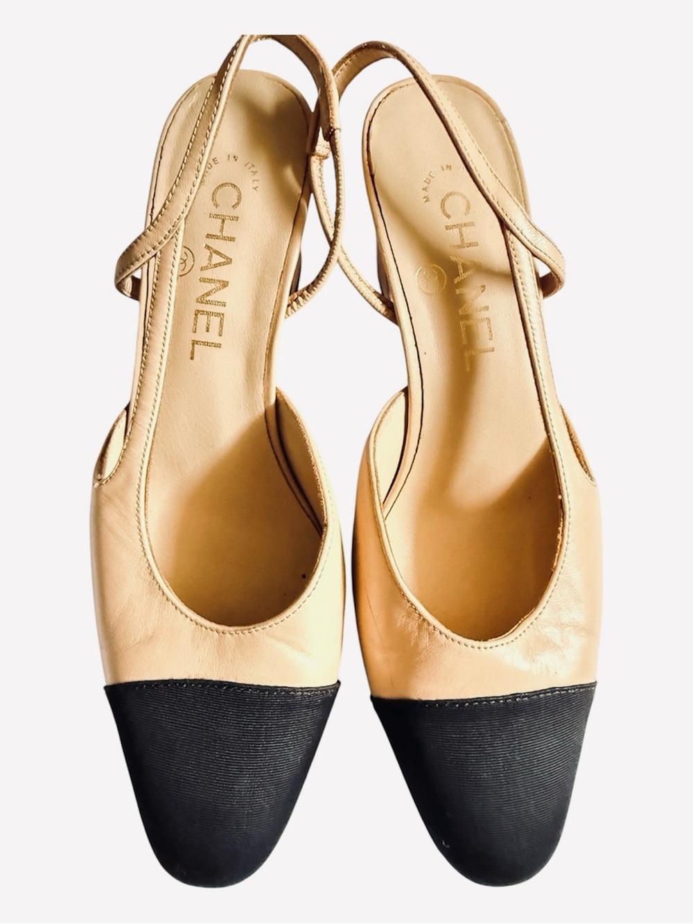 CHANEL Two-Tone Beige and Black Slingback Flats